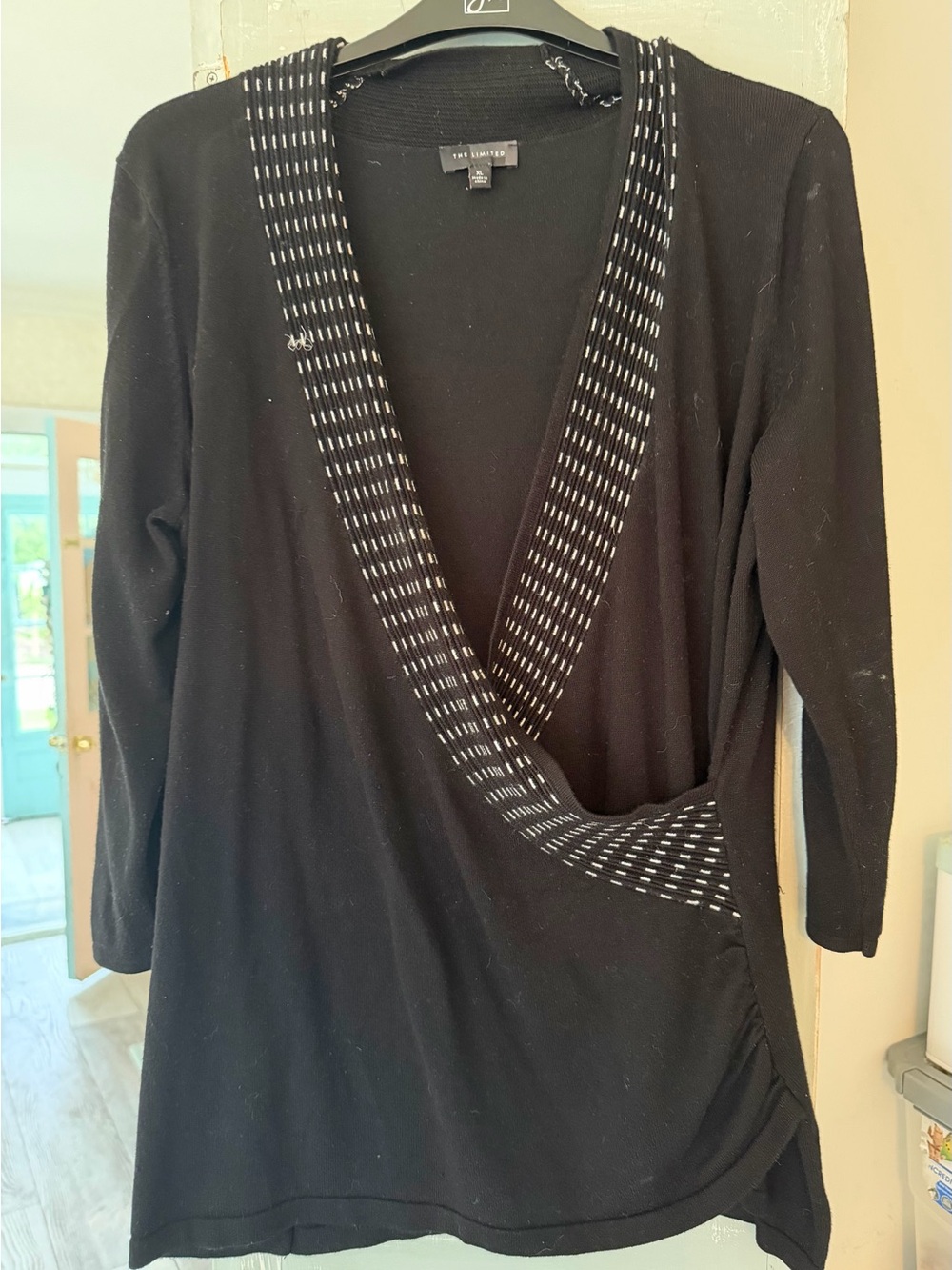 The Limited Black V-Neck Wrap Sweater Top with White Stitch Trim